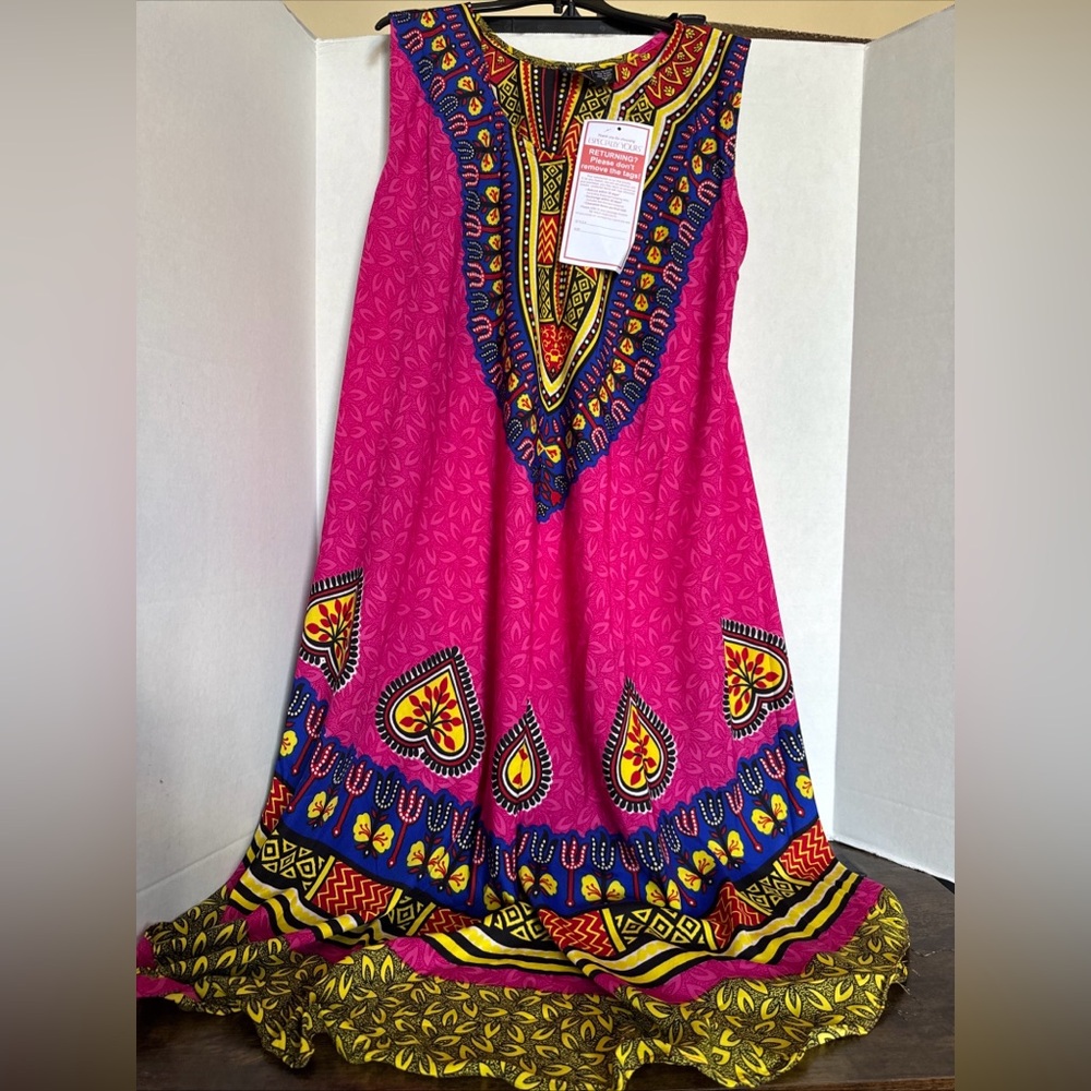 ESY Studio EY Boho Tunic Summer Maxi Dress Sleeveless African Print OS NEW Pink